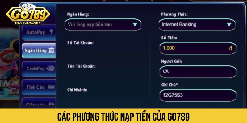 Các phương thức nạp tiền của GO789